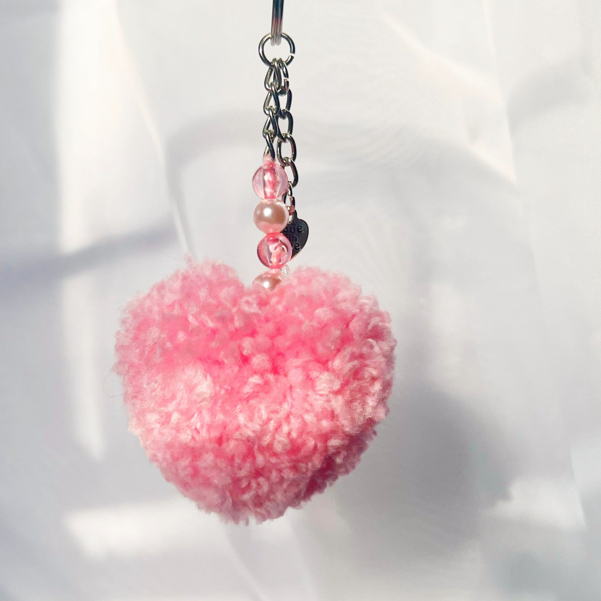 pompom hearts handmade keychains handmade bag accessories hearts valentines day keychains cute gift ideas sincerely herrera chicago IL cute styles pompom keychains pink red white hearts