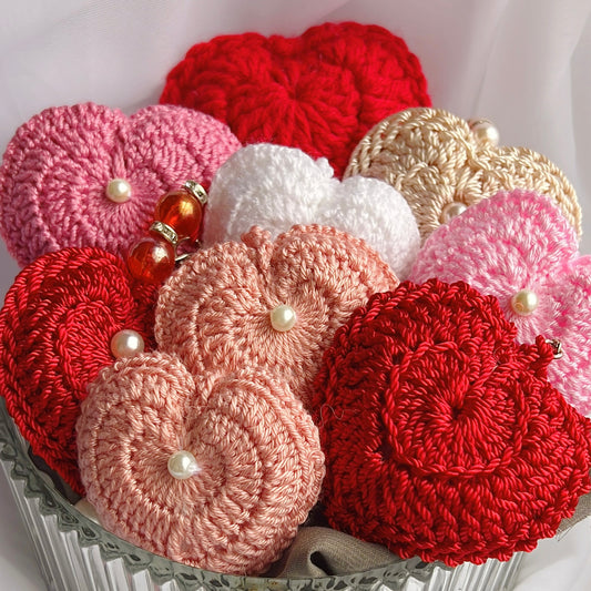 crochet heart keychains pink white ivory red crochet accessories handmade sincerely herrera located in chicago IL cute accessories for bags and keys cute gift ideas valentines day accessories pearl hearts crochet pattern