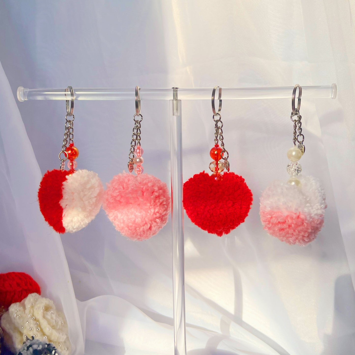 pompom hearts handmade keychains handmade bag accessories hearts valentines day keychains cute gift ideas sincerely herrera chicago IL cute styles pompom keychains pink red white hearts