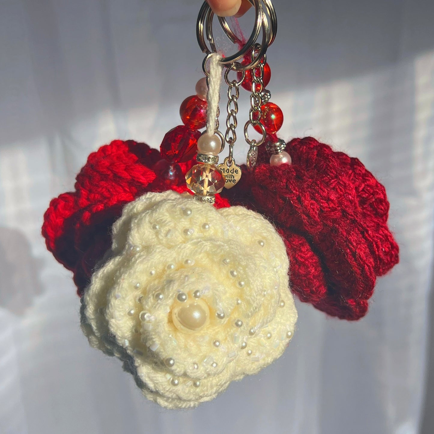 crochet roses with pearls cute keychain accessories bag keychains handcrafted unique styles sincerely herrera crochet accessories located in chicago IL maroon red and white roses crochet pattern 