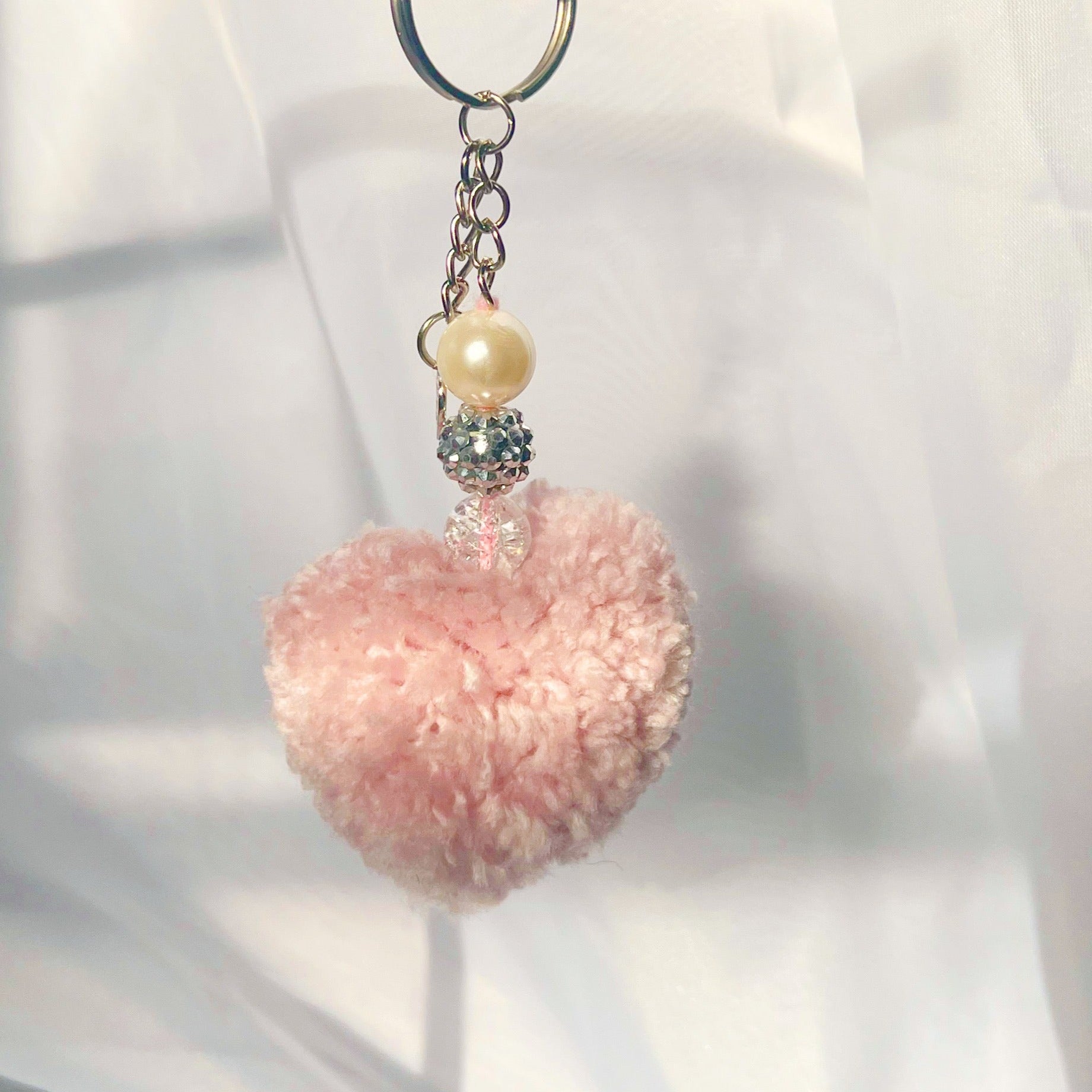 pompom hearts handmade keychains handmade bag accessories hearts valentines day keychains cute gift ideas sincerely herrera chicago IL cute styles pompom keychains pink red white hearts