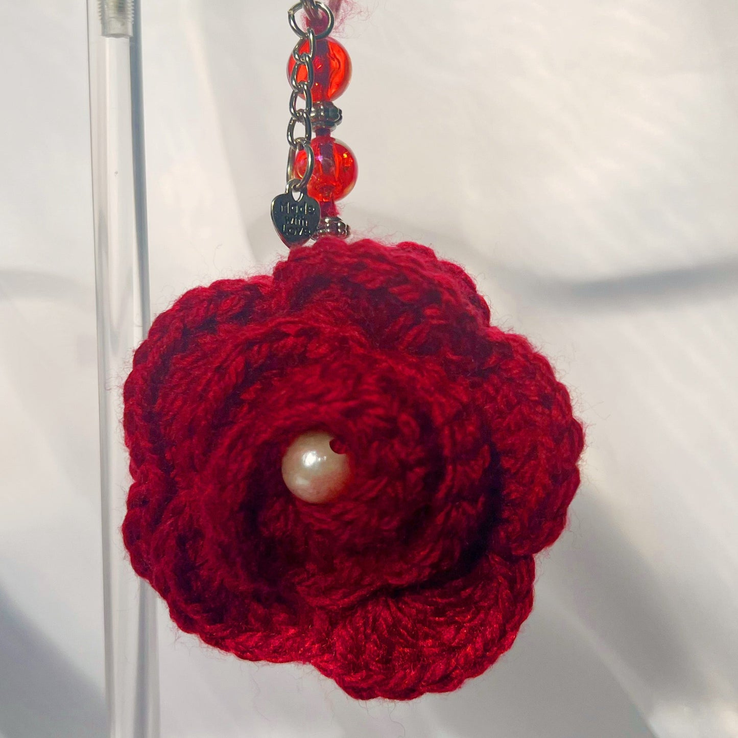 crochet roses with pearls cute keychain accessories bag keychains handcrafted unique styles sincerely herrera crochet accessories located in chicago IL maroon red and white roses crochet pattern