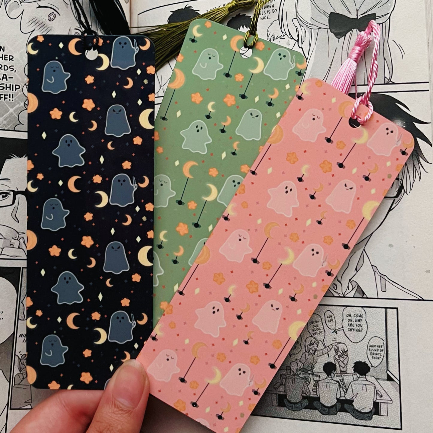 custom bookmarks-sublimation-designs-sublimation-blanks-custom-accessory-spooky-vibes-spooky-cute-handmade-bookmarks-sincerely-herrera-kawaii-halloween-cute-book-must-haves-kawaii-bookmark-pink-ghosts-halloween-accessories-bookmarks-for-books-manga-lovers-manga-bookmarks-book-lover-goft-ideas