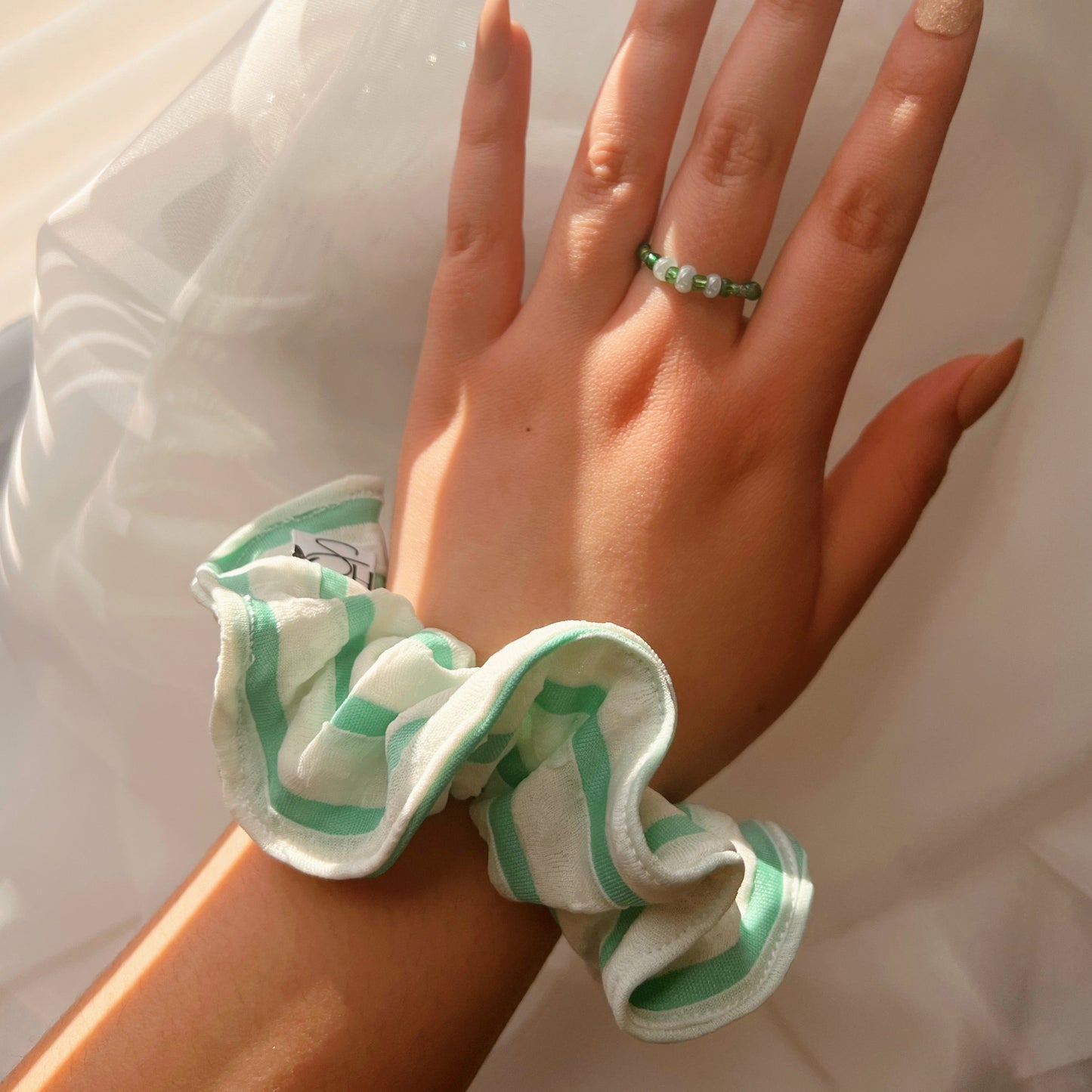 aqua-scrunchie-accessories-handmade-by-sicnerely-herrera-hispanic-owned-business-women-owned-business-stripped-scrunchies-daily-hairstyles-cute-ootd-inspo-accessories-summer-hairstyles-messy-bun-scrunchies-logo-branding-ideas-handmade-with-love-scrunchie-party-favor-ideas-gifts-for-her-gifts-gifts-for-everyone