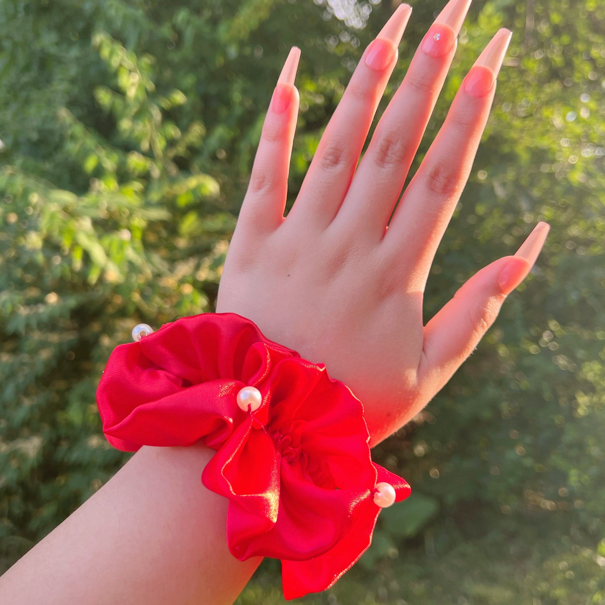 silk-pearl-scrunchies-floral-scrunchies-fluffy-hairties-handmade-hair-accessories-sincerely-herrera-women-owned-business-hispanic-owned-chicago-il-white-silk-red-silk-blue-silk-black-silk-pink-silk-grey-silk-gold-silk-hair-scrunchies-gifts-for-bridesmaid-proposals-bride-to-be-accessories-gifts-for-her-gifts-for-everyone