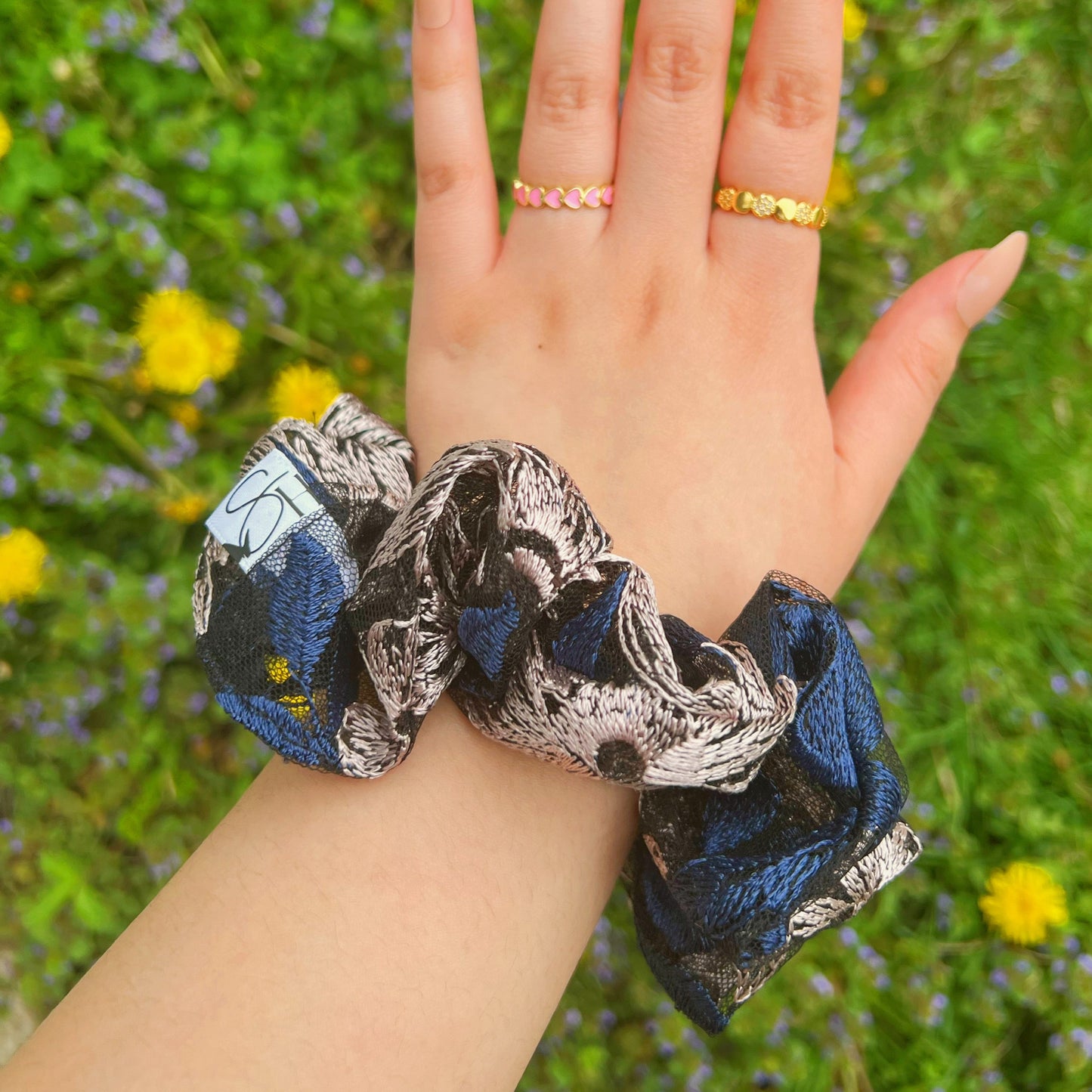 navy-blue-gold-black-lace-scrunchies-handmade-hair-accessories-lace-hairties-wedding-accessories-bride-to-be-gifts-for-her-gifts-for-everyone-cute-aesthetic-scrunchie-sincerely-herrera-women-owned-business-hispanic-owned-chicago-il